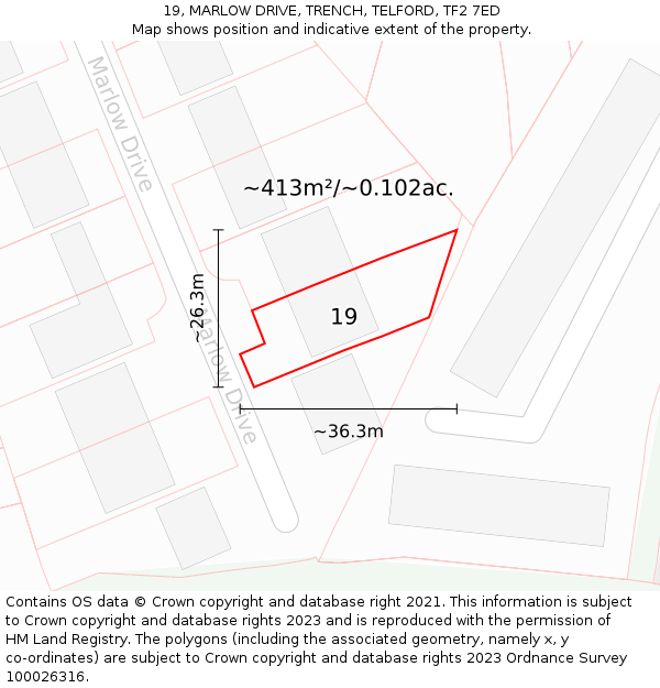 19, MARLOW DRIVE, TRENCH, TELFORD, TF2 7ED: Plot and title map