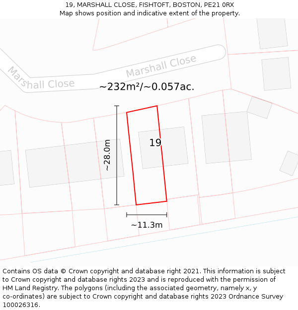 19, MARSHALL CLOSE, FISHTOFT, BOSTON, PE21 0RX: Plot and title map