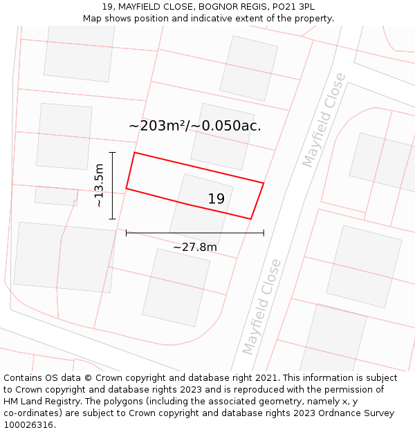 19, MAYFIELD CLOSE, BOGNOR REGIS, PO21 3PL: Plot and title map