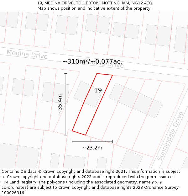 19, MEDINA DRIVE, TOLLERTON, NOTTINGHAM, NG12 4EQ: Plot and title map