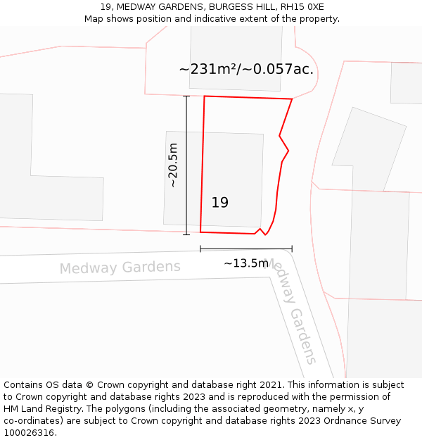 19, MEDWAY GARDENS, BURGESS HILL, RH15 0XE: Plot and title map