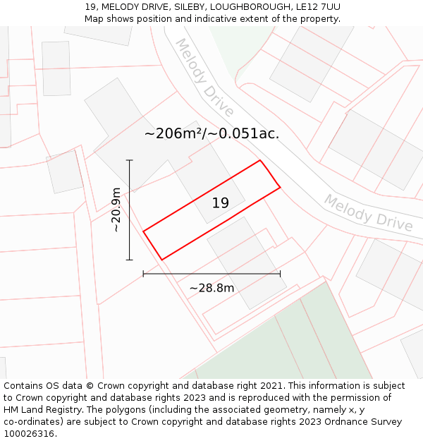 19, MELODY DRIVE, SILEBY, LOUGHBOROUGH, LE12 7UU: Plot and title map