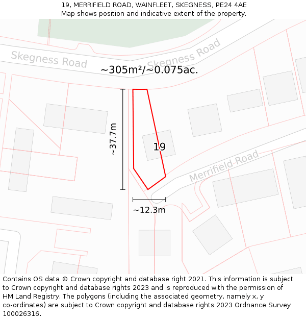 19, MERRIFIELD ROAD, WAINFLEET, SKEGNESS, PE24 4AE: Plot and title map