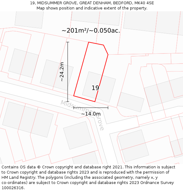 19, MIDSUMMER GROVE, GREAT DENHAM, BEDFORD, MK40 4SE: Plot and title map