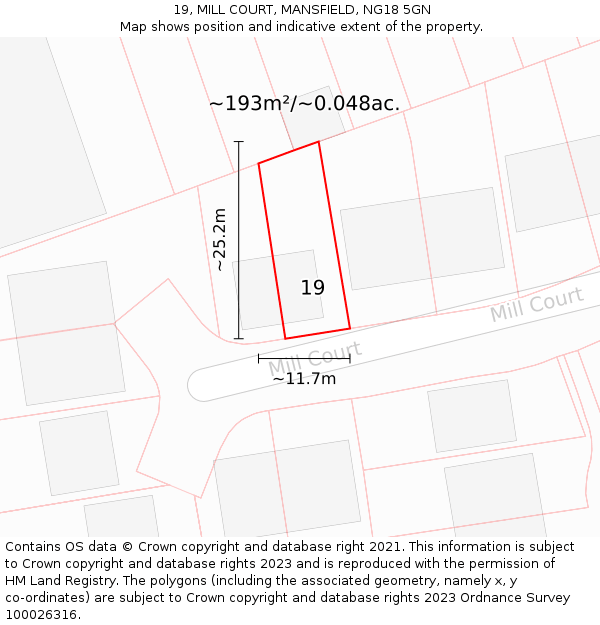 19, MILL COURT, MANSFIELD, NG18 5GN: Plot and title map