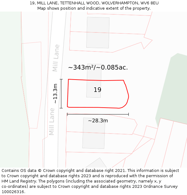 19, MILL LANE, TETTENHALL WOOD, WOLVERHAMPTON, WV6 8EU: Plot and title map