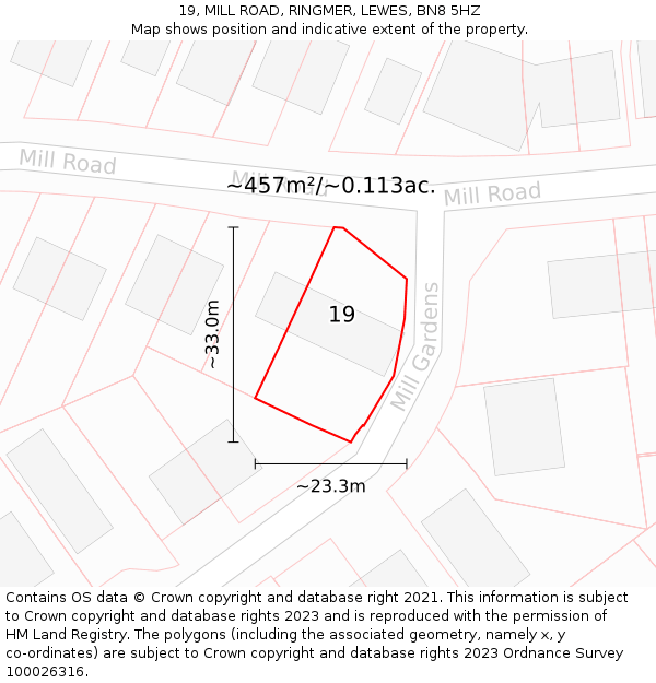 19, MILL ROAD, RINGMER, LEWES, BN8 5HZ: Plot and title map