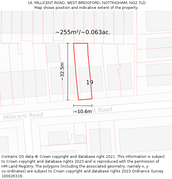 19, MILLICENT ROAD, WEST BRIDGFORD, NOTTINGHAM, NG2 7LD: Plot and title map