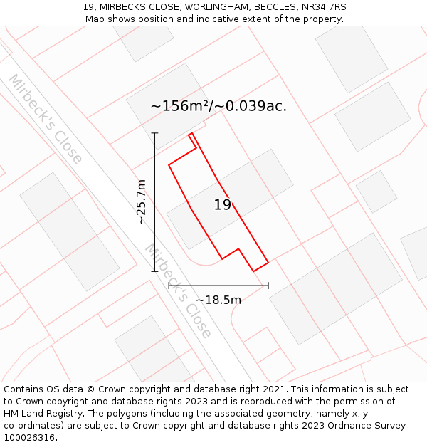 19, MIRBECKS CLOSE, WORLINGHAM, BECCLES, NR34 7RS: Plot and title map