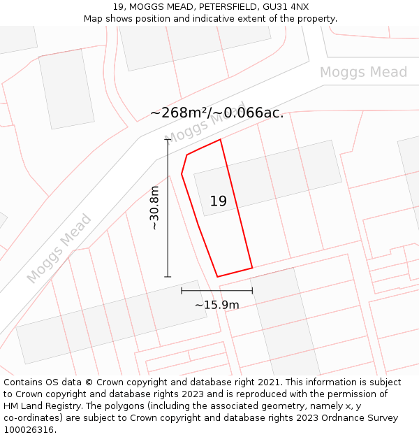 19, MOGGS MEAD, PETERSFIELD, GU31 4NX: Plot and title map