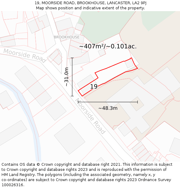 19, MOORSIDE ROAD, BROOKHOUSE, LANCASTER, LA2 9PJ: Plot and title map