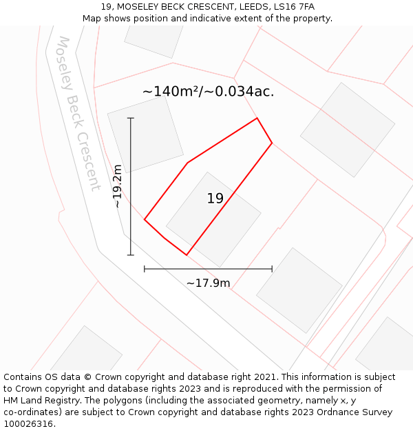 19, MOSELEY BECK CRESCENT, LEEDS, LS16 7FA: Plot and title map