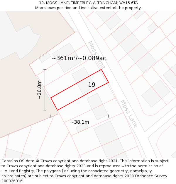 19, MOSS LANE, TIMPERLEY, ALTRINCHAM, WA15 6TA: Plot and title map