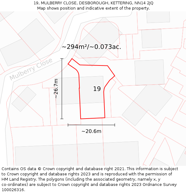 19, MULBERRY CLOSE, DESBOROUGH, KETTERING, NN14 2JQ: Plot and title map
