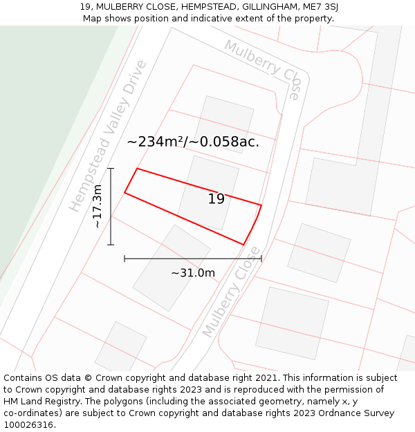 19, MULBERRY CLOSE, HEMPSTEAD, GILLINGHAM, ME7 3SJ: Plot and title map