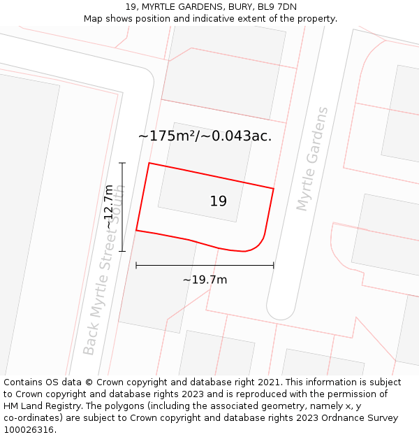 19, MYRTLE GARDENS, BURY, BL9 7DN: Plot and title map