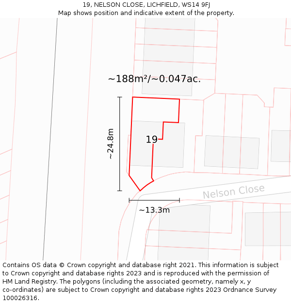 19, NELSON CLOSE, LICHFIELD, WS14 9FJ: Plot and title map