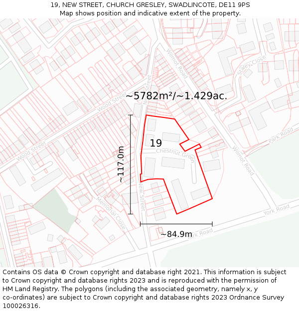 19, NEW STREET, CHURCH GRESLEY, SWADLINCOTE, DE11 9PS: Plot and title map