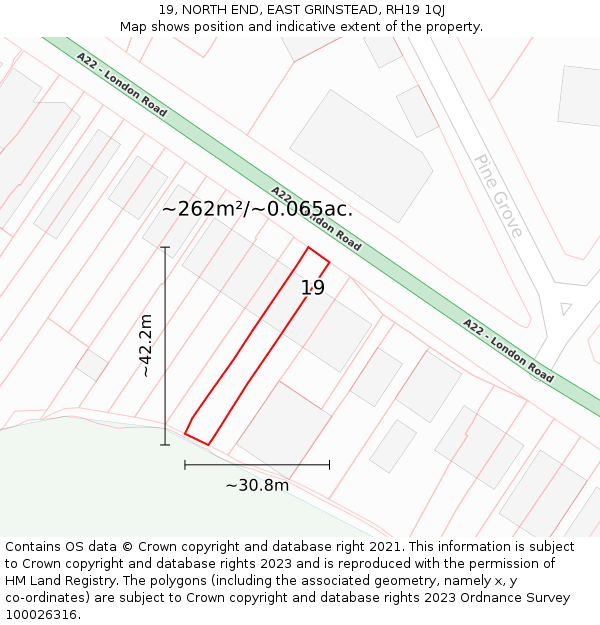 19, NORTH END, EAST GRINSTEAD, RH19 1QJ: Plot and title map