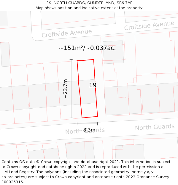 19, NORTH GUARDS, SUNDERLAND, SR6 7AE: Plot and title map