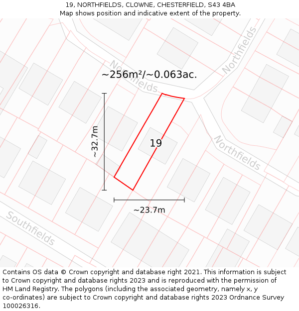 19, NORTHFIELDS, CLOWNE, CHESTERFIELD, S43 4BA: Plot and title map