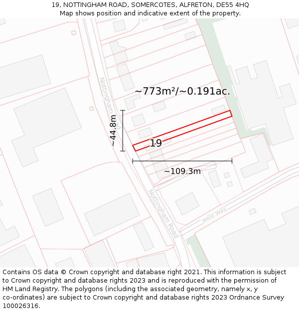 19, NOTTINGHAM ROAD, SOMERCOTES, ALFRETON, DE55 4HQ: Plot and title map