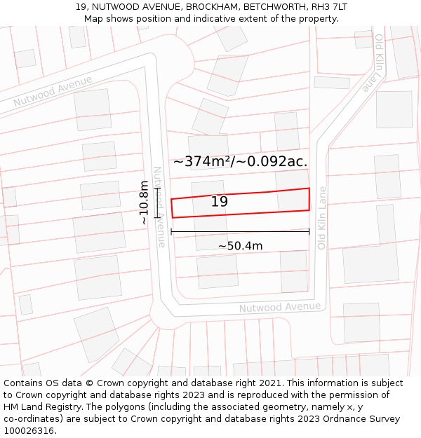 19, NUTWOOD AVENUE, BROCKHAM, BETCHWORTH, RH3 7LT: Plot and title map