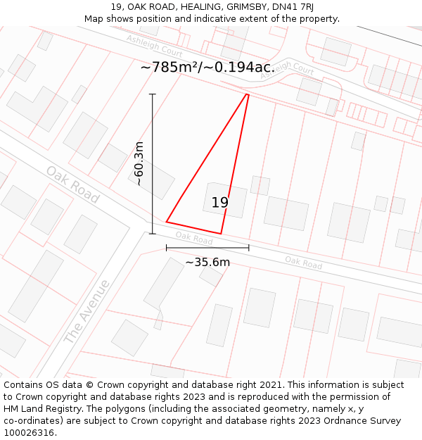 19, OAK ROAD, HEALING, GRIMSBY, DN41 7RJ: Plot and title map