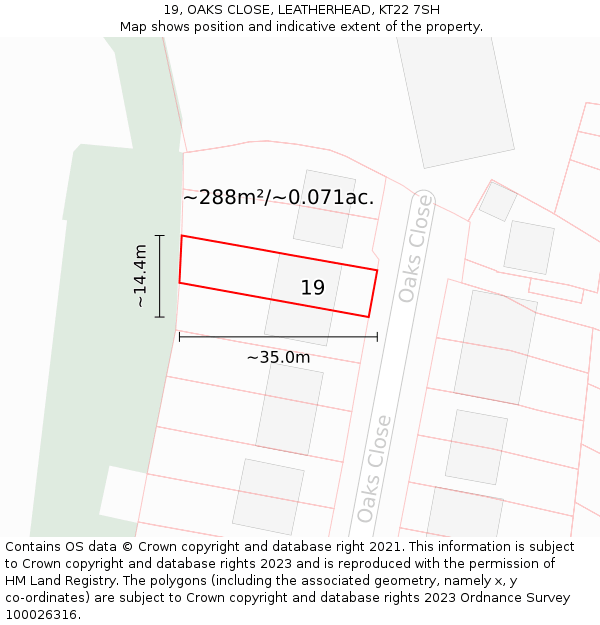 19, OAKS CLOSE, LEATHERHEAD, KT22 7SH: Plot and title map