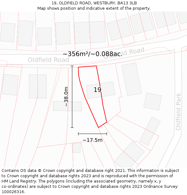 19, OLDFIELD ROAD, WESTBURY, BA13 3LB: Plot and title map