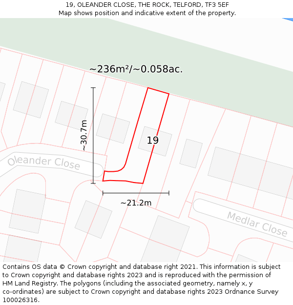 19, OLEANDER CLOSE, THE ROCK, TELFORD, TF3 5EF: Plot and title map
