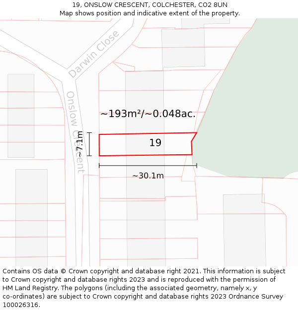 19, ONSLOW CRESCENT, COLCHESTER, CO2 8UN: Plot and title map