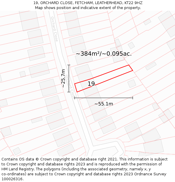 19, ORCHARD CLOSE, FETCHAM, LEATHERHEAD, KT22 9HZ: Plot and title map