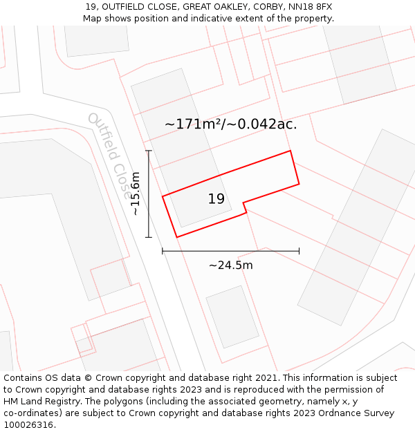 19, OUTFIELD CLOSE, GREAT OAKLEY, CORBY, NN18 8FX: Plot and title map