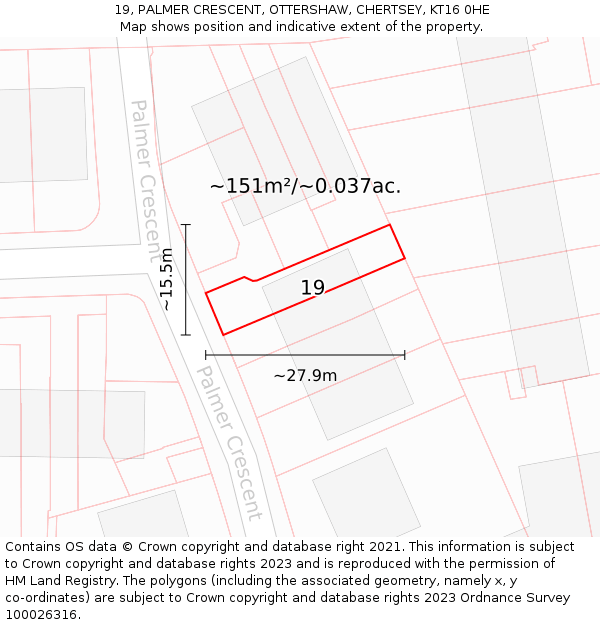 19, PALMER CRESCENT, OTTERSHAW, CHERTSEY, KT16 0HE: Plot and title map