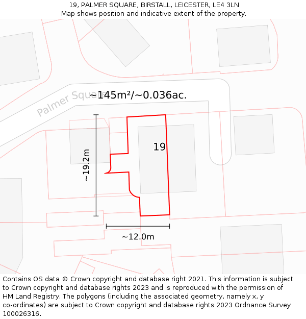 19, PALMER SQUARE, BIRSTALL, LEICESTER, LE4 3LN: Plot and title map