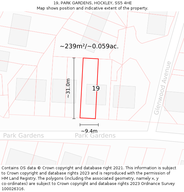 19, PARK GARDENS, HOCKLEY, SS5 4HE: Plot and title map