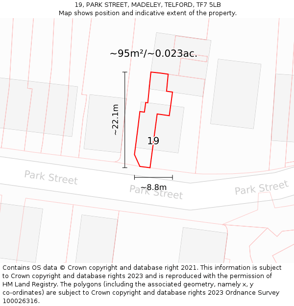 19, PARK STREET, MADELEY, TELFORD, TF7 5LB: Plot and title map