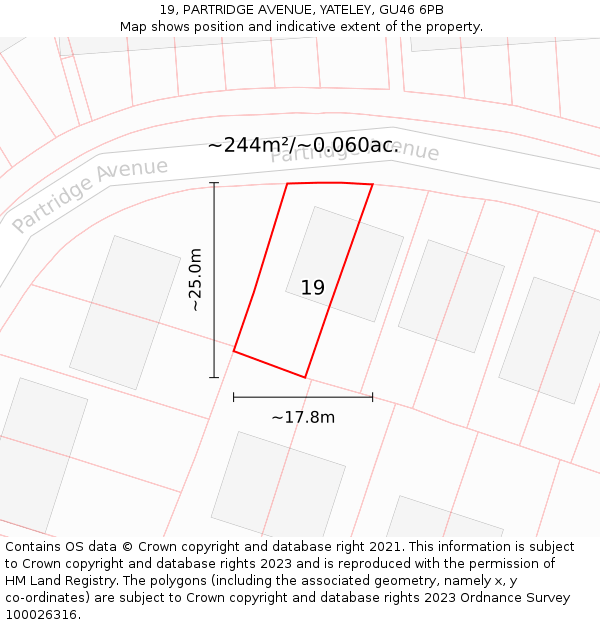 19, PARTRIDGE AVENUE, YATELEY, GU46 6PB: Plot and title map