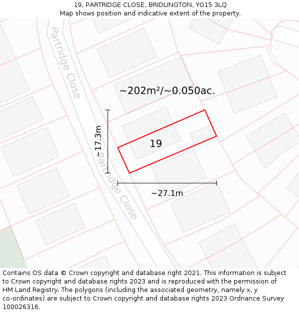 19, PARTRIDGE CLOSE, BRIDLINGTON, YO15 3LQ: Plot and title map