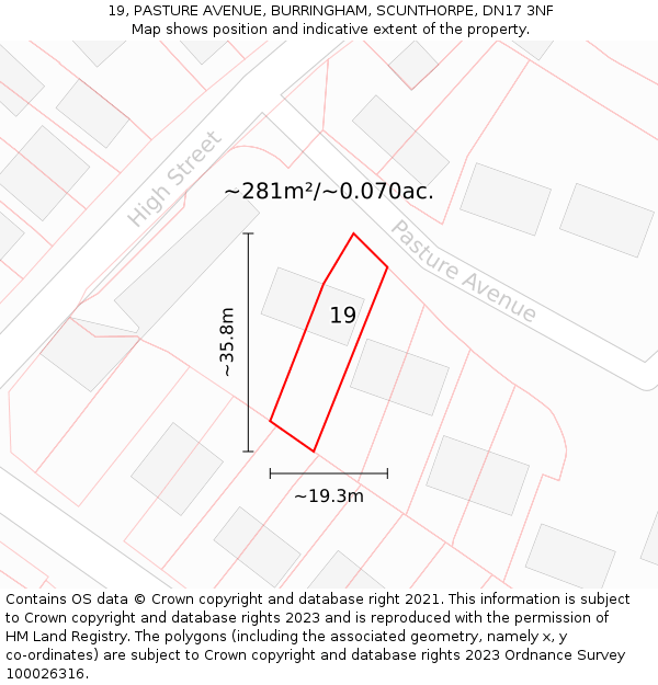 19, PASTURE AVENUE, BURRINGHAM, SCUNTHORPE, DN17 3NF: Plot and title map