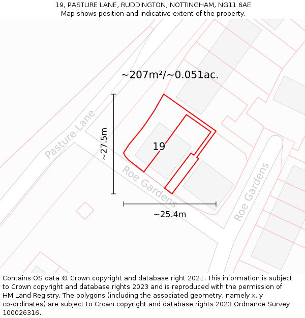 19, PASTURE LANE, RUDDINGTON, NOTTINGHAM, NG11 6AE: Plot and title map