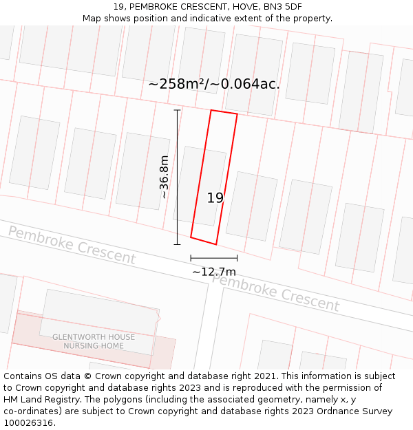 19, PEMBROKE CRESCENT, HOVE, BN3 5DF: Plot and title map