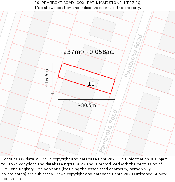 19, PEMBROKE ROAD, COXHEATH, MAIDSTONE, ME17 4QJ: Plot and title map