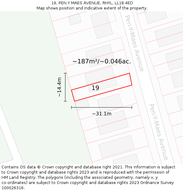 19, PEN Y MAES AVENUE, RHYL, LL18 4ED: Plot and title map