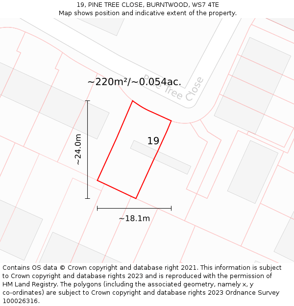 19, PINE TREE CLOSE, BURNTWOOD, WS7 4TE: Plot and title map