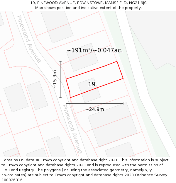 19, PINEWOOD AVENUE, EDWINSTOWE, MANSFIELD, NG21 9JS: Plot and title map