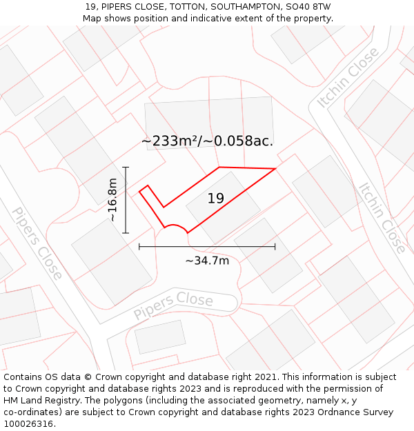 19, PIPERS CLOSE, TOTTON, SOUTHAMPTON, SO40 8TW: Plot and title map