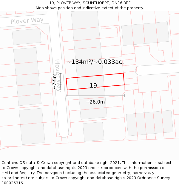 19, PLOVER WAY, SCUNTHORPE, DN16 3BF: Plot and title map