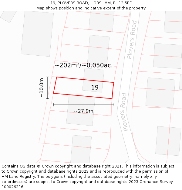 19, PLOVERS ROAD, HORSHAM, RH13 5PD: Plot and title map